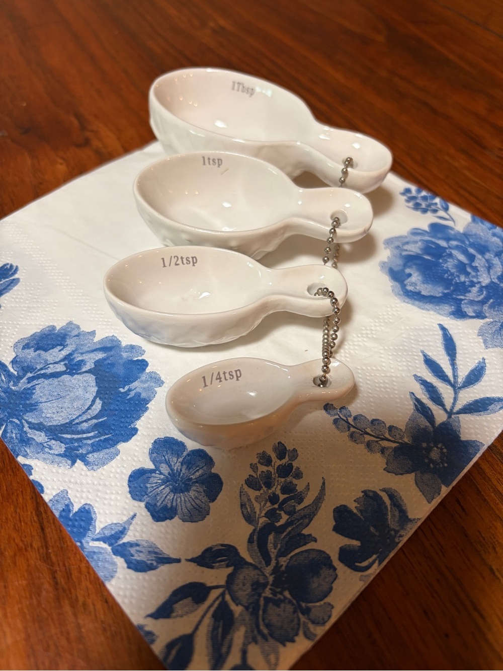 White Ceramic Measuring Spoon Set with Chain - 4 Piece